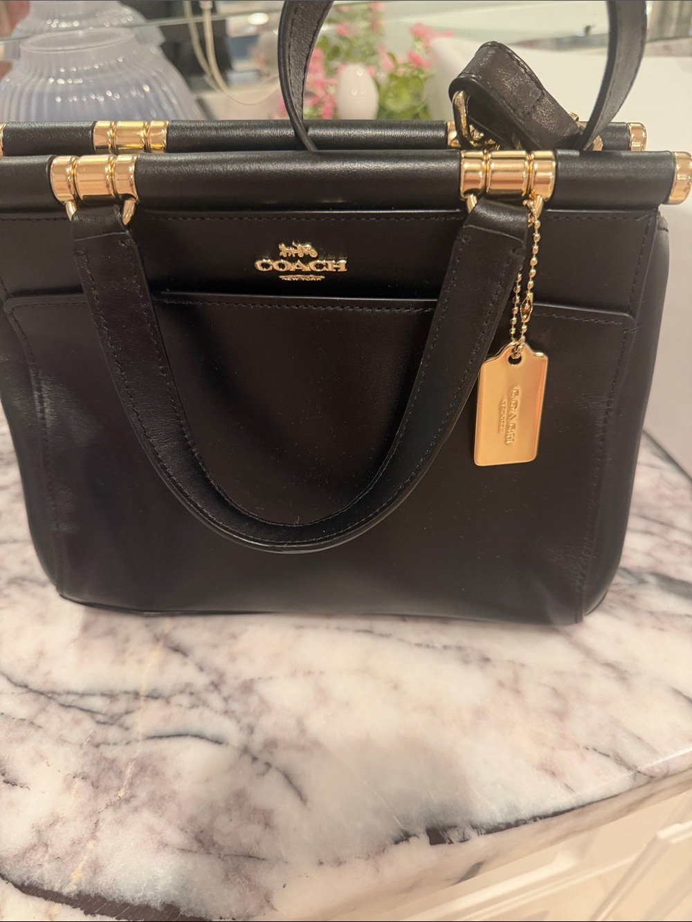 Coach Black Leather Satchel with Gold-Tone Tag
